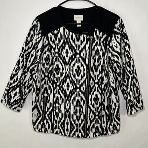 Chico’s Full Zip Jacket Womens Size 3 Black White Geometric Off Center Zipper